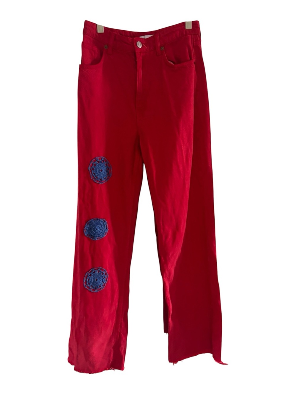 Red Women’s Wide-Leg Pants with Blue Crochet Accents